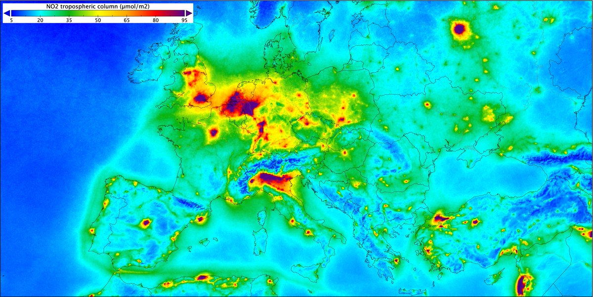 Nitrogen dioxide over Europe. There are high concentrations over central Europe. Nitrogen dioxide pollutes the air mainly as a result of traffic and the combustion of fossil fuel in industrial processes