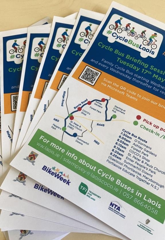 Thanks to all who stopped to talk all things Cycle Bus at this mornings #leafletdrop <a href="/gscoilphortleix/">gaelscoilphortlaoise</a> Portlaoise Educate Together NS &amp; Maryborough NS #bikeweeklaois #cyclebuslaois