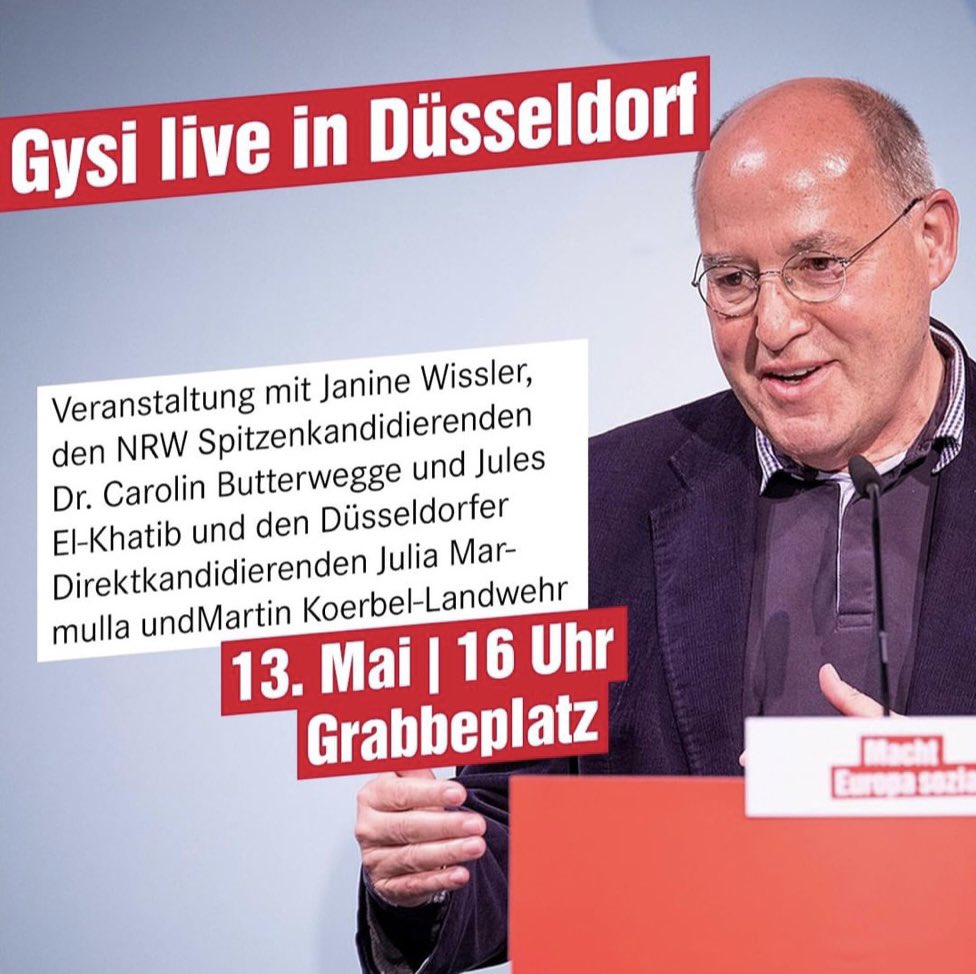 Der Vorsitzende der europäischen Linken <a href="/GregorGysi/">Gregor Gysi</a> und unsere Parteivorsitzende <a href="/Janine_Wissler/">Janine Wissler</a> sind gleich zu Besuch bei uns in #Düsseldorf 

Kommt gerne vorbei. 16 Uhr, Grabbeplatz
