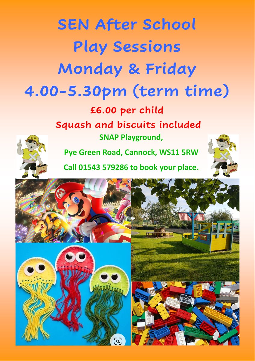 SEN After School Play Session which includes a biscuit and drink of squash.You can play in the playground or in the soft play, you can also play with the Lego or make a Union Jack Flag for the Jubilee 🇬🇧
To book a place, please call the off ice on 01543 579286.