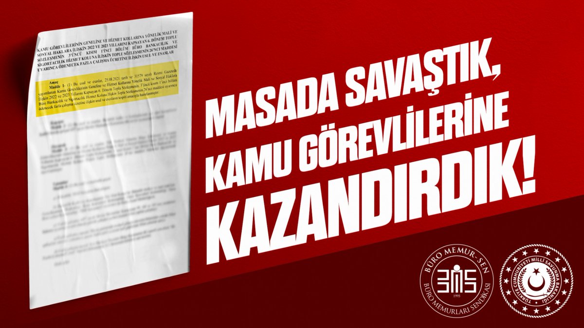 MASADA SAVAŞTIK, KAMU GÖREVLİLERİNE KAZANDIRDIK!

MSB'de ödenmeyen fazla mesai ücretlerini Toplu Sözleşme Masası'nda kazanım olarak imza altına almıştık.

Büro Memur-Sen'in girişimi ile kazanımımızı hayata geçirdik. 
Artık ödenmeyen fazla mesai ücretleri ödenmeye başlayacak.