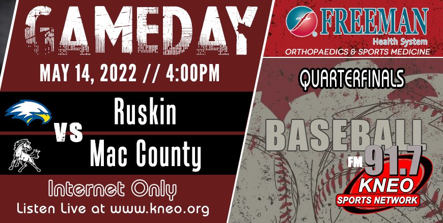 C5D7 baseball quarterfinal action this afternoon from Neosho as #1 McDonald County takes on #8 Ruskin. Watch a live video feed at kneo.org. (MSHSAA charges $10 to watch stream). First pitch scheduled for 4 PM. <a href="/BaseballMCHS/">MCHS Baseball</a> <a href="/MC__athletics/">McDonald County Athletics</a>