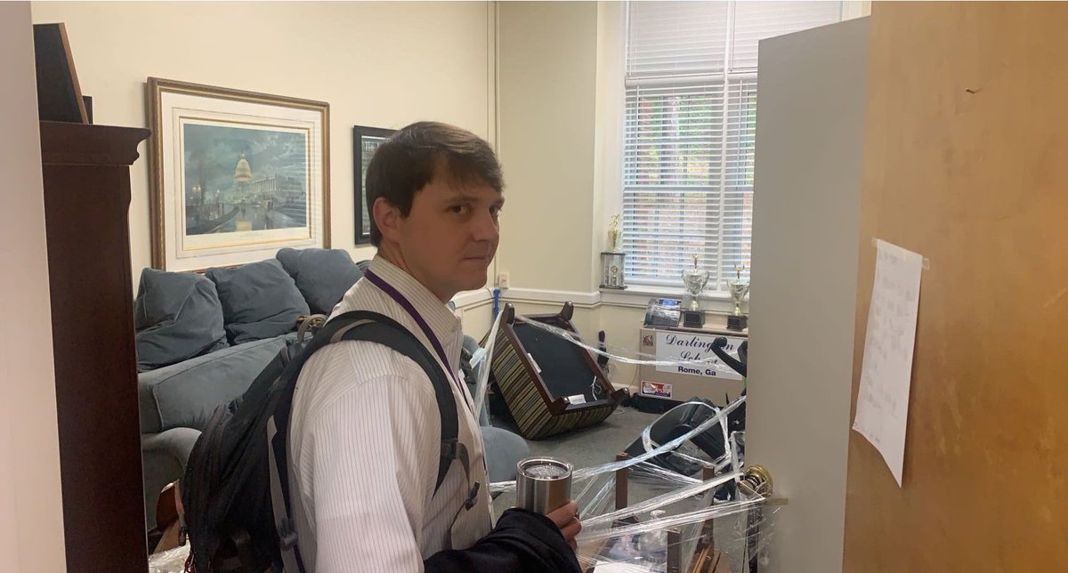 brantdevans's tweet image. ⁦The seniors are showing no mercy. All my office furniture was flipped and plastic wrapped. On the bright side they fixed my chair somehow. Graduation can’t get here soon enough! But we will miss the class of 2022 ⁦@DarlingtonTiger⁩