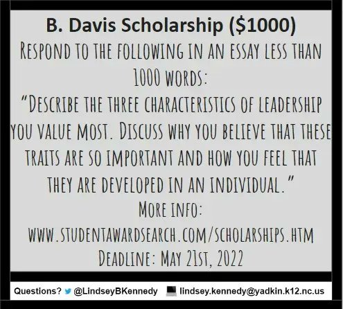 LindseyBKennedy's tweet photo. FINAL #FreeMoneyFriday OF THE YEAR! π The B. Davis Scholarship is a $1,500 award, and it does not have a GPA or financial requirement. Applicants must submit an essay responding to the prompt below. π° #FHS22 @ForbushHS https://t.co/GAaV7ou0ZS