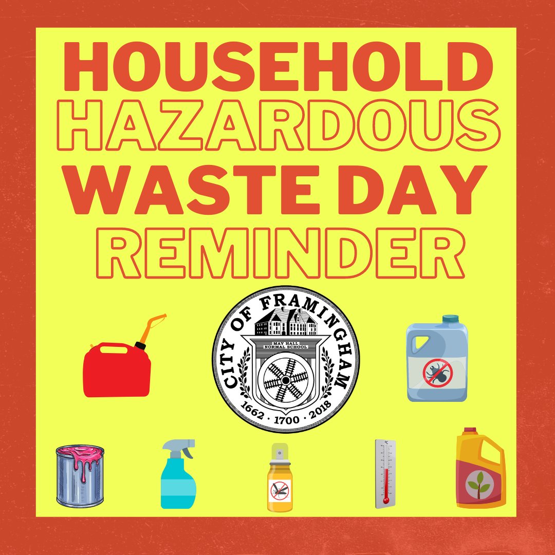 Framingham_MA's tweet photo. Reminder: Tomorrow, Saturday, May 14, from 9 a.m. - 1 p.m. is Household Hazardous Waste Day, at the DPW Operations Center, 100 Western Avenue. 

This event is for Framingham residents only. 

For more information about accepted items: https://t.co/U0aL3oO0jz https://t.co/ZLlgvWJGuI