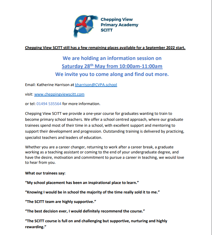 Inspiring Futures Professional Development (@ifprofdev) on Twitter photo Do you want to train to teach primary in Buckinghamshire? Our colleagues at <a href="/Cheppingscitt/">Chepping View SCITT</a> are recuiting for a September start. Come along to the open morning at Chepping View Primary Academy on 28th May. #traintoteach Do you want to train to teach primary in Buckinghamshire? Our colleagues at <a href="/Cheppingscitt/">Chepping View SCITT</a> are recuiting for a September start. Come along to the open morning at Chepping View Primary Academy on 28th May. #traintoteach