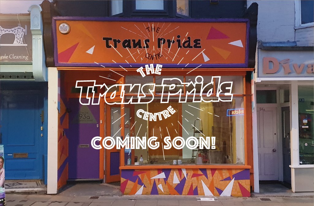 Photo of colourful shop front of the Trans Pride Centre with the logo the Trans Pride Centre and the text underneath Coming Soon!