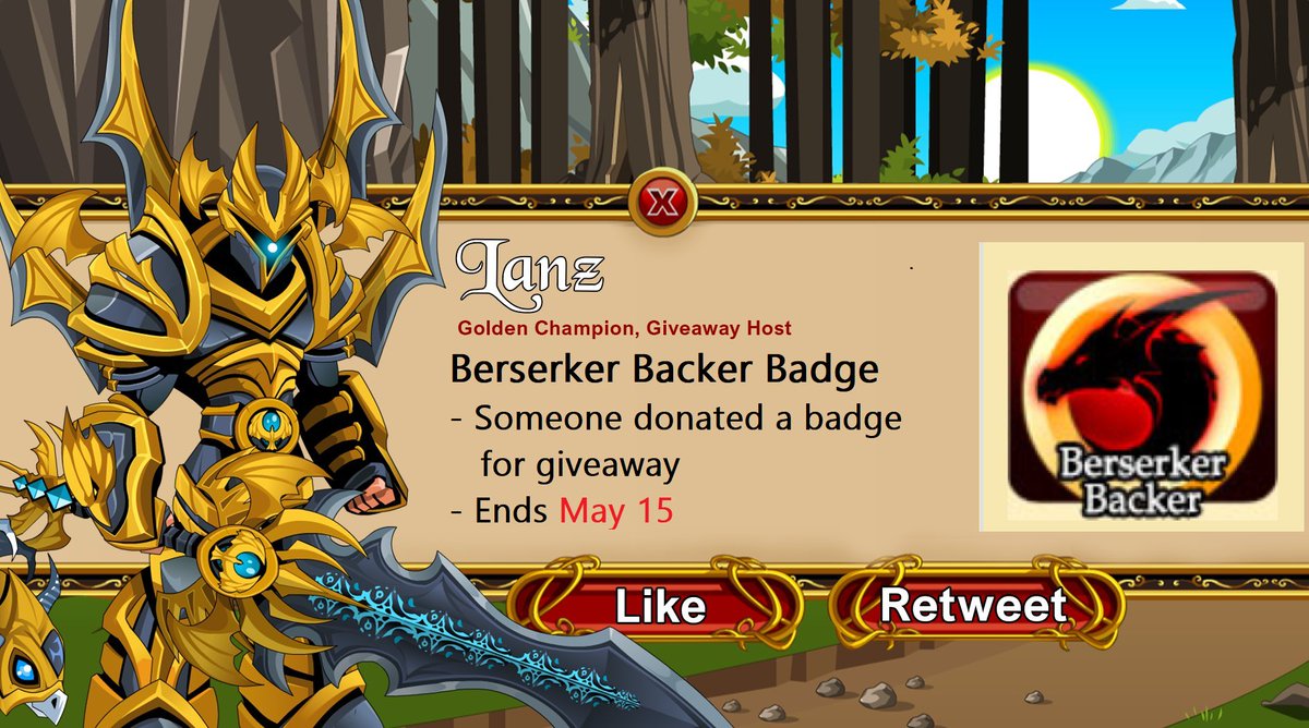 📢RARE BADGE GIVEAWAY (AQW / AQ / DF)

Prize:
- 1 x Berserker Backer Badge 

Mechanics:
- Retweet &amp; Like
- Open for everyone
- Ends May 15

Notes:
- Someone donated this code and prefers not to be mentioned! 👑

Goodluck! 🥃