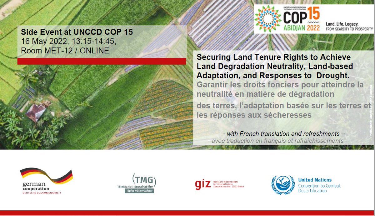 TMG Think Tank for Sustainability (@tmg_think) on Twitter photo Join us next Monday as we will be discussing country-level progress on the <a href="/UNCCD/">UN Land and Drought</a> landmark decision on #land tenure and present useful tools for land degradation neutrality initiatives
13:15-14:45 UTC
Register here -> bit.ly/3MPMhHI
<a href="/giz_gmbh/">GIZ</a> <a href="/Environment_Ke/">Ministry of Environment, Climate Change & Forestry</a> <a href="/MalawiGovt/">Malawi Government🇲🇼</a> Join us next Monday as we will be discussing country-level progress on the <a href="/UNCCD/">UN Land and Drought</a> landmark decision on #land tenure and present useful tools for land degradation neutrality initiatives
13:15-14:45 UTC
Register here -> bit.ly/3MPMhHI
<a href="/giz_gmbh/">GIZ</a> <a href="/Environment_Ke/">Ministry of Environment, Climate Change & Forestry</a> <a href="/MalawiGovt/">Malawi Government🇲🇼</a>