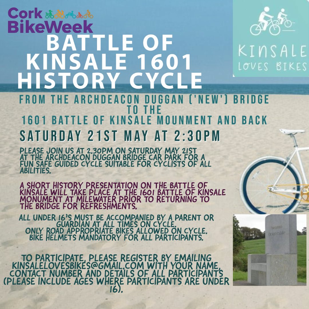 KinsaleBikes's tweet photo. @CorkBikeWeek @kinsale_ie @KinsaleObserver #Kinsale #CorkBike  As part of #CorkBikeWeek, #KinsaleLovesBikes is running a History Cycle on Saturday May 21st at 2:30pm from the 'New Bridge' to the Battle of Kinsale monument and back. Please do join us on the day for a great cycle. https://t.co/XvjPGd3vhg
