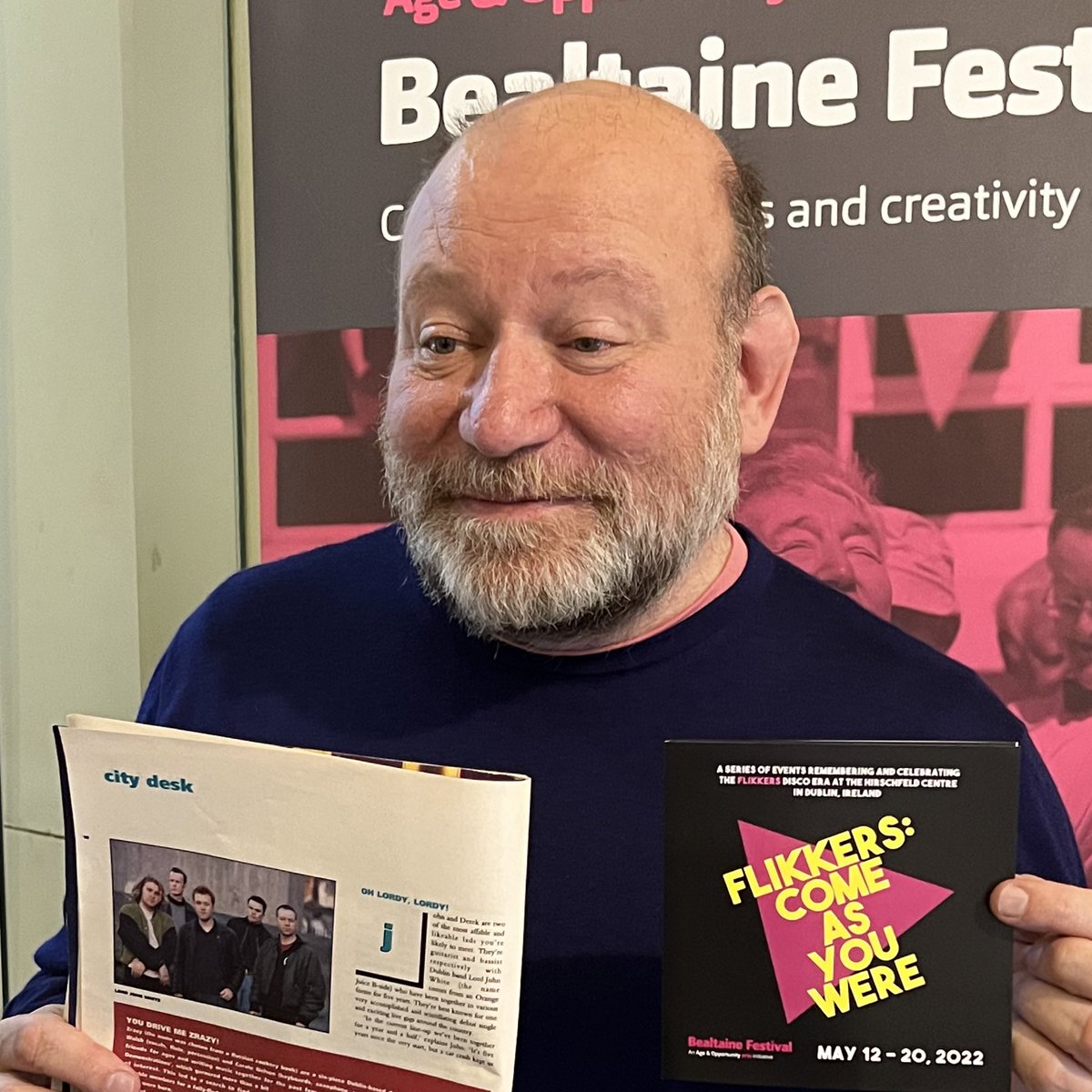 ComeWere22's tweet photo. Our very own @martinmccann @Sacktheband discovers himself amongst the #memorabilia @Outhouse_Dublin #FabulousFlikkers #InDublin 1991 What a find! Runs to 25MAY #ComeAsYouWere @BealtaineFest @artscouncil_ie @LabDCC https://t.co/fNkIOW18ef