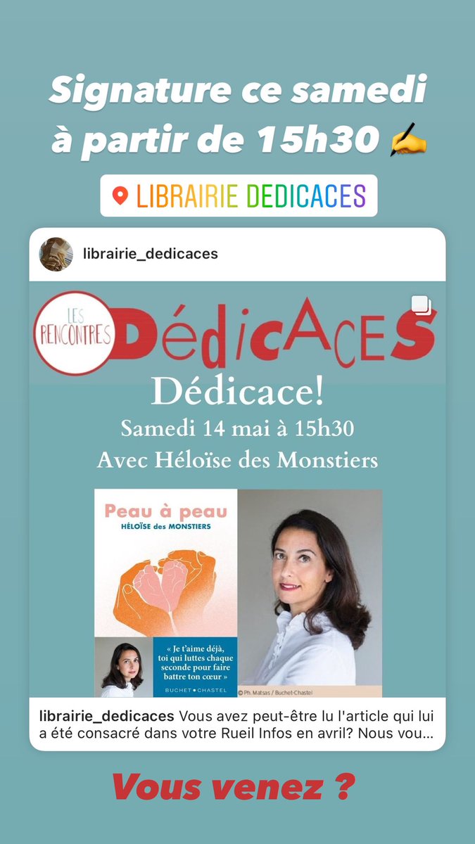 Signature ce samedi de mon premier roman, Peau à peau, à partir de 15h30 à la librairie Dédicaces, 7 passage d’Arcole à Rueil-Malmaison (92)
@buchetchastel <a href="/villederueil/">Rueil-Malmaison</a> <a href="/leparisien_92/">Le Parisien | 92</a> <a href="/patrick_ollier/">Patrick OLLIER</a> #rueil #dedicaces