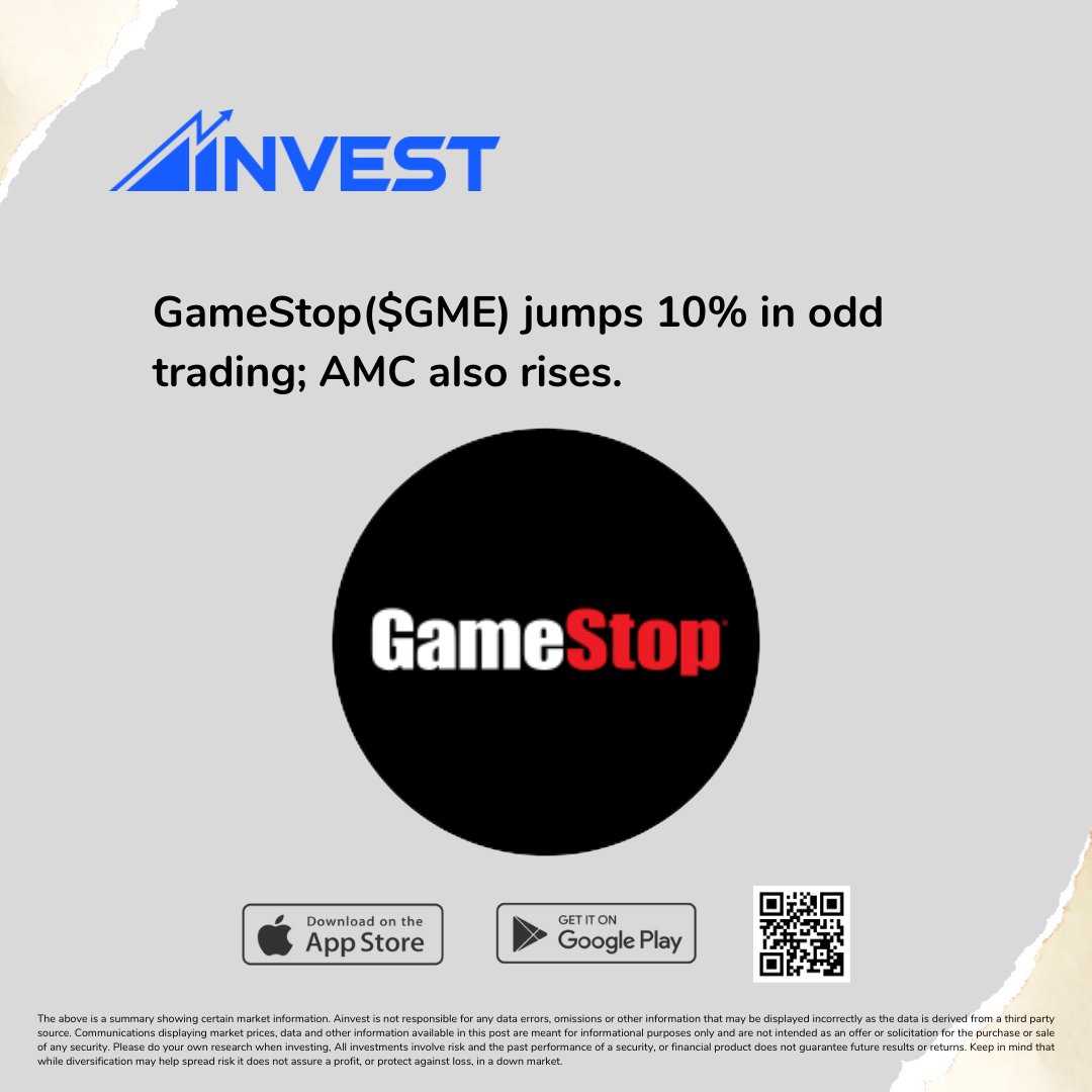 GameStop($GME) jumps 10% in odd trading; AMC($AMC) also rises.
View more stock market news on Ainvest:https://t.co/itR6DwjMqF
#Ainvest #Ainvest_Wire #wallstreetbets #GME #AMC https://t.co/xflpiPKH62