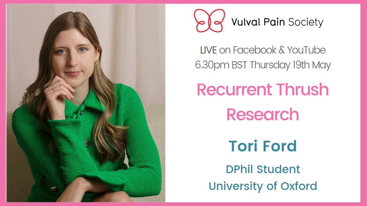 VulvalPainVPS's tweet photo. Join us Thurs 19th 6:30pm BST @ToriHerstory @UniofOxford @OxPrimaryCare discusses her #RecurrentThrush research, how you may help & why this study matters
Facebook: https://t.co/f4fQTheKBA
YouTube: https://t.co/SvAEbnIB9l
#RecurrentThrush #VulvalPain #VulvalPainSoMeLive https://t.co/4TSUaFHv4m