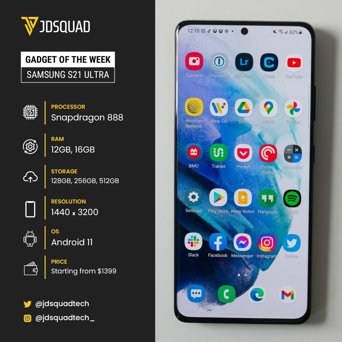 Tech_Clipper's tweet photo. Our Gadget of the week goes to the #Samsung #S21ultra
It has a RAM of both 12GB and 16GB with an OS of android 11
TO get this phone click on the link below
#Android #Gadgetoftheweek #andriodOS #samsung #S21ultra #JDSquad
https://t.co/mxan8cj0WC https://t.co/oA0MhapkX2