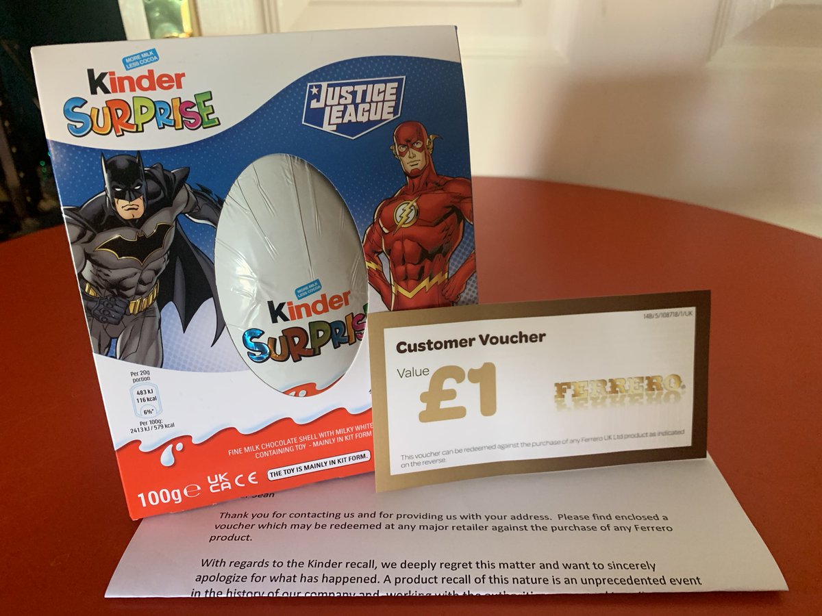 .<a href="/FerreroUK/">Ferrero UK & Ireland</a> feeling jilted over this recall. The Easter egg was over £5 and the £1 voucher is just enough to buy a small kinder surprise egg. <a href="/McVities/">McVitie's</a> sent us twice that when we had a blooming issue with a pack of biscuits!, maybe speak to their CR team to help improve yours