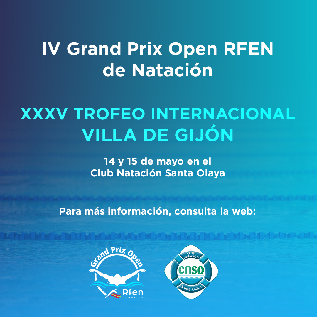 Este fin de semana, los días 14 y 15 de mayo, podréis disfrutar de la 4ª etapa del Grand Prix Open RFEN de Natación en Villa de Gijón. 

Se celebrará en el Club Natación Santa Olaya. 

No os perdáis este evento.

Consulta la web: 
🏊➡️  bit.ly/3g1nuSE