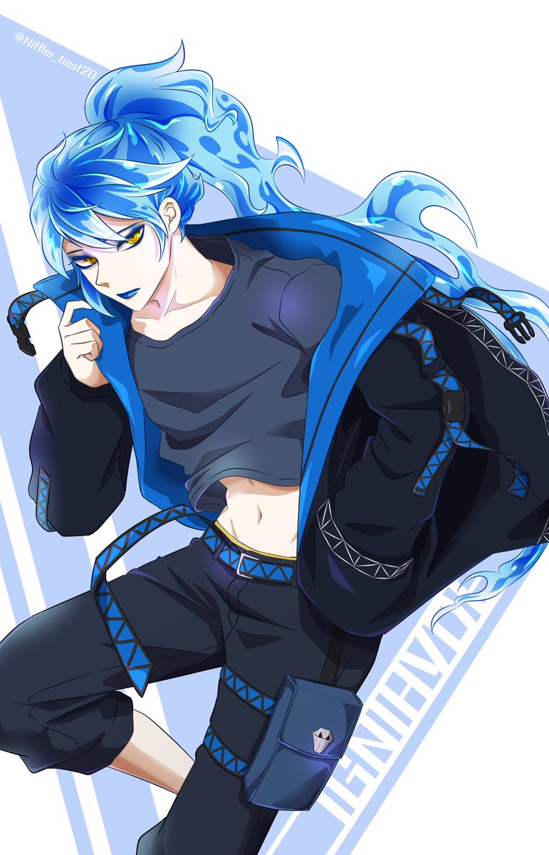 1boy male focus blue hair fiery hair yellow eyes blue lips jacket  illustration images