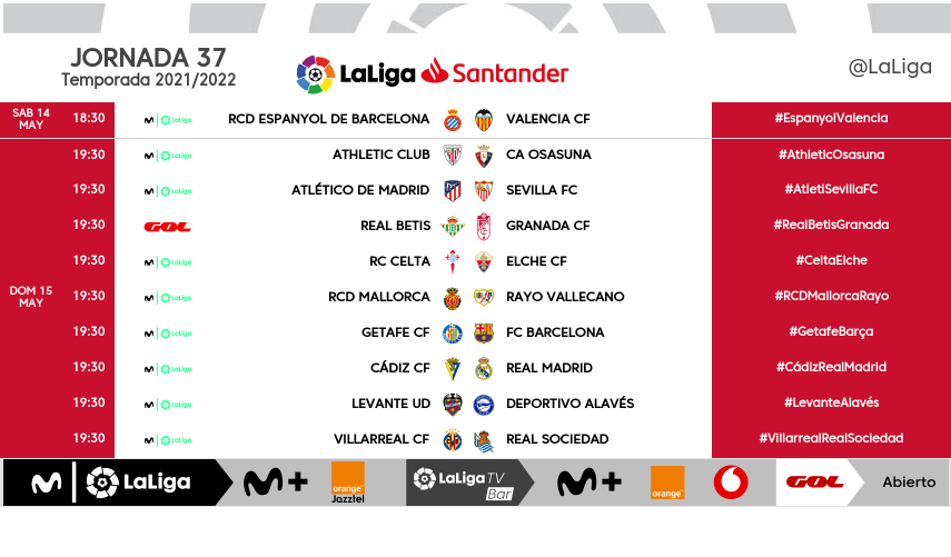 LaLiga's tweet photo. MODIFICACIÓN | El encuentro RC Celta - Elche CF, correspondiente a la jornada 37, se disputará finalmente el domingo 15 de mayo a las 19:30 horas en horario unificado. 

#LaLigaSantander
#DesenlaceLaLiga https://t.co/TbbfPsvavJ