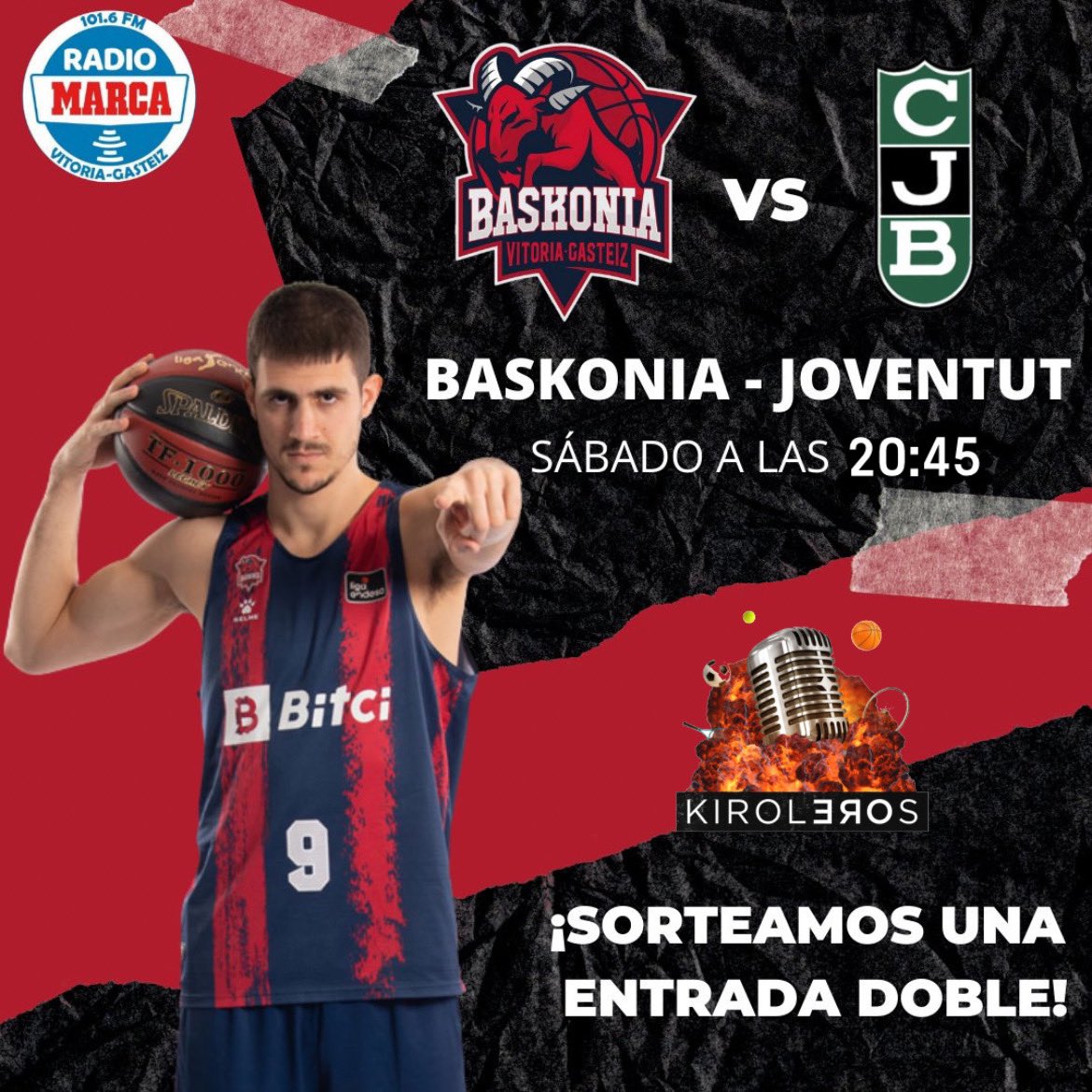 kiroleros's tweet photo. BASKONISTA!!! 

Sorteamos 2 ENTRADAS para ver el asalto del Baskonia a la 4ª plaza ante el Joventut mañana a las 20.45h. 
🎟🎟
🔄Dale RT
↪️síguenos para participar 
🔀Cita con quién irás 
🎟🎟
🏀🏀🏀
Tienes hasta mañana a las 15.00h https://t.co/bYiChryrGa