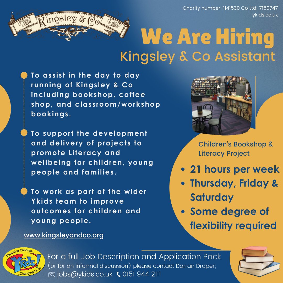 We are hiring! 🙌
📚Children's Bookshop Assistant 

💁further information lght.ly/dnn0kol
📩 jobs@ykids.co.uk
📱 0151 944 2111
Know someone who might be interested?
#ykids #bootle #jobs @Ykids_Charity @Seftonhour @seftoncouncil