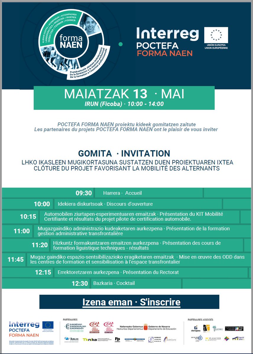 tknika's tweet photo. Poctefa 𝗙𝗢𝗥𝗠𝗔 𝗡𝗔𝗘𝗡 proiektuaren itxierako ekitaldia, gaur #FICOBA-n.
#FORMANAEN proiektua mugaz gaindiko ekimena da, eta mugaz gaindiko Euroeskualdean kontratatuak izango diren LH-ko ikasleen mugikortasuna eta lanbide-integrazioa sustatzea izan ditu helburu nagusi. https://t.co/Xg7rh6xEUR