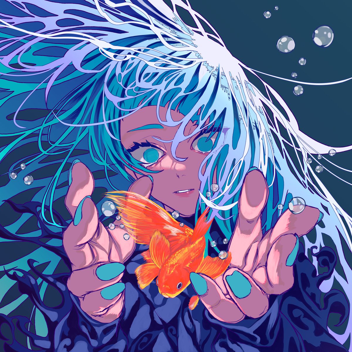 1girl fish solo long hair parted lips bubble goldfish  illustration images