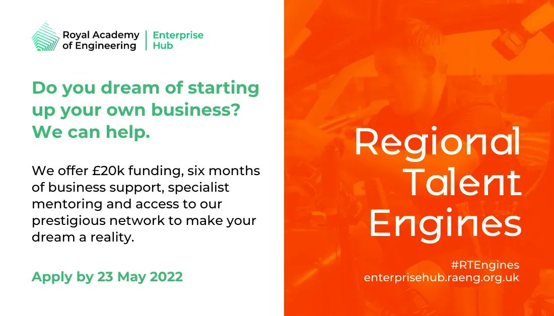 Have an innovative idea? The Regional Talent Engines is here to provide college leavers with technical qualifications OR practising engineers seeking a career change, to develop an innovation at ideation stage into a #startup. Deadline: 23 May: enterprisehub.raeng.org.uk/programmes/reg… #RTEngines