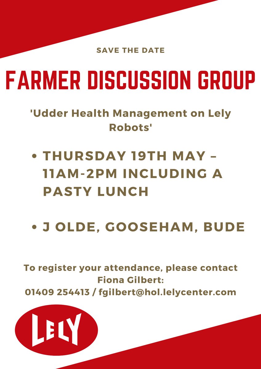 LelyHolsworthy's tweet image. ⏰It's not too late to register for our 'Udder Health Management on Lely Robots' Discussion Group in Cornwall on Thursday 19th May⏰

To book, please contact Fiona Gilbert: 01409 254413 /  fgilbert@hol.lelycenter.com

#lely #cornwallfarming #discussiongroups #udderhealth