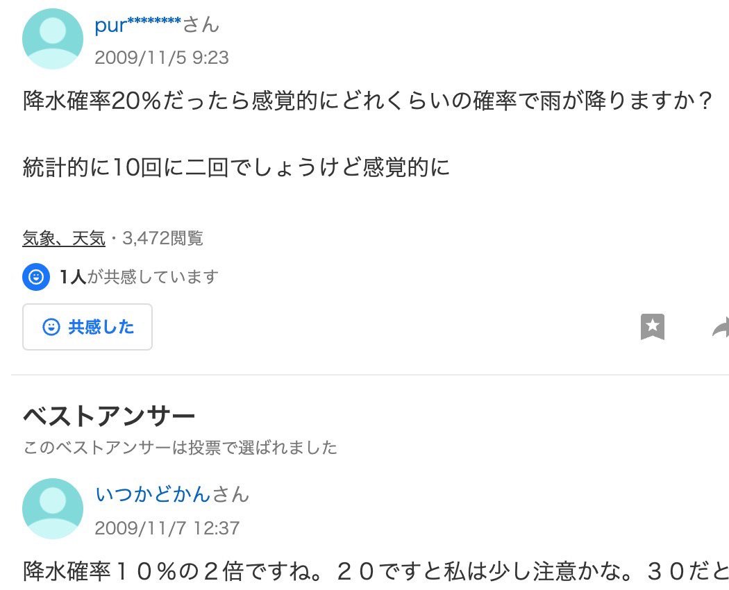 pmf_neet's tweet photo. 明日午後が降水確率20%と聞いてふと調べてみたら、不毛なやり取りが出てきてちょっと笑ってしまった。 https://t.co/I9BcMp8uCK