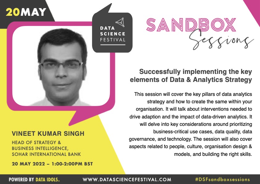 Join us next week for this Sandbox Session! 💡 Successfully implementing the key elements of Data & Analytics Strategy 📆 20 May 2022, 1:00 PM BST Click here to add the talk to your schedule: …ndboxsessions.datasciencefestival.com/talks/successf… #DSFsandboxsessions