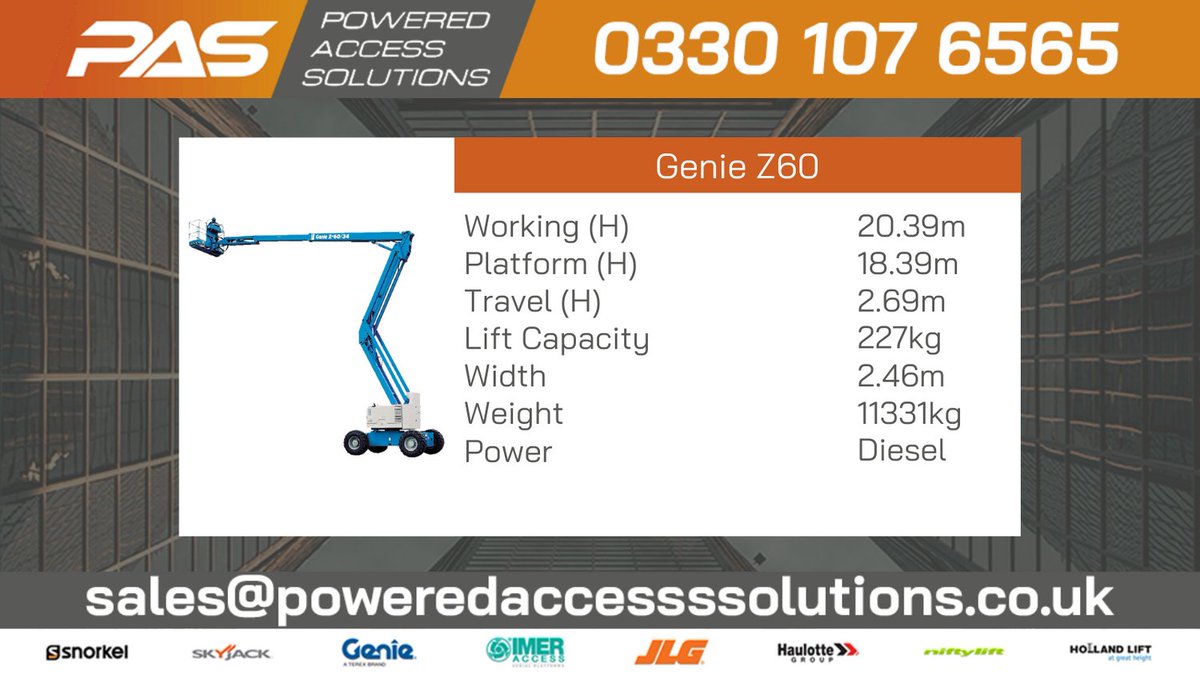 🟠🟠Genie® Z60/34 🟠🟠

Diesel articulating boom with an impressive 20.39m working height and 18.39m working outreach. 

View &amp; Download product spec - poweredaccesssolutions.co.uk/boom-hire/geni…

#Poweredaccess