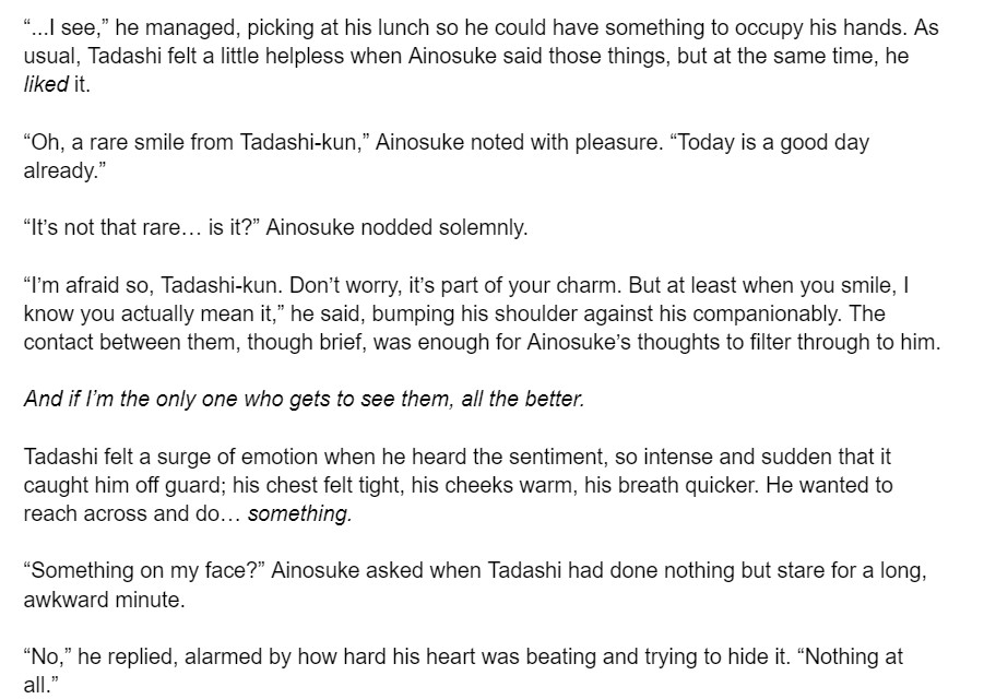 #tadaai Cherry Magic AU. Not so much a snippet as an excerpt from a longer fic I'm writing asldkasldjksa
All you need to know is that they are officeworkers and Tadashi can read Ainosuke's mind when they touch😆
