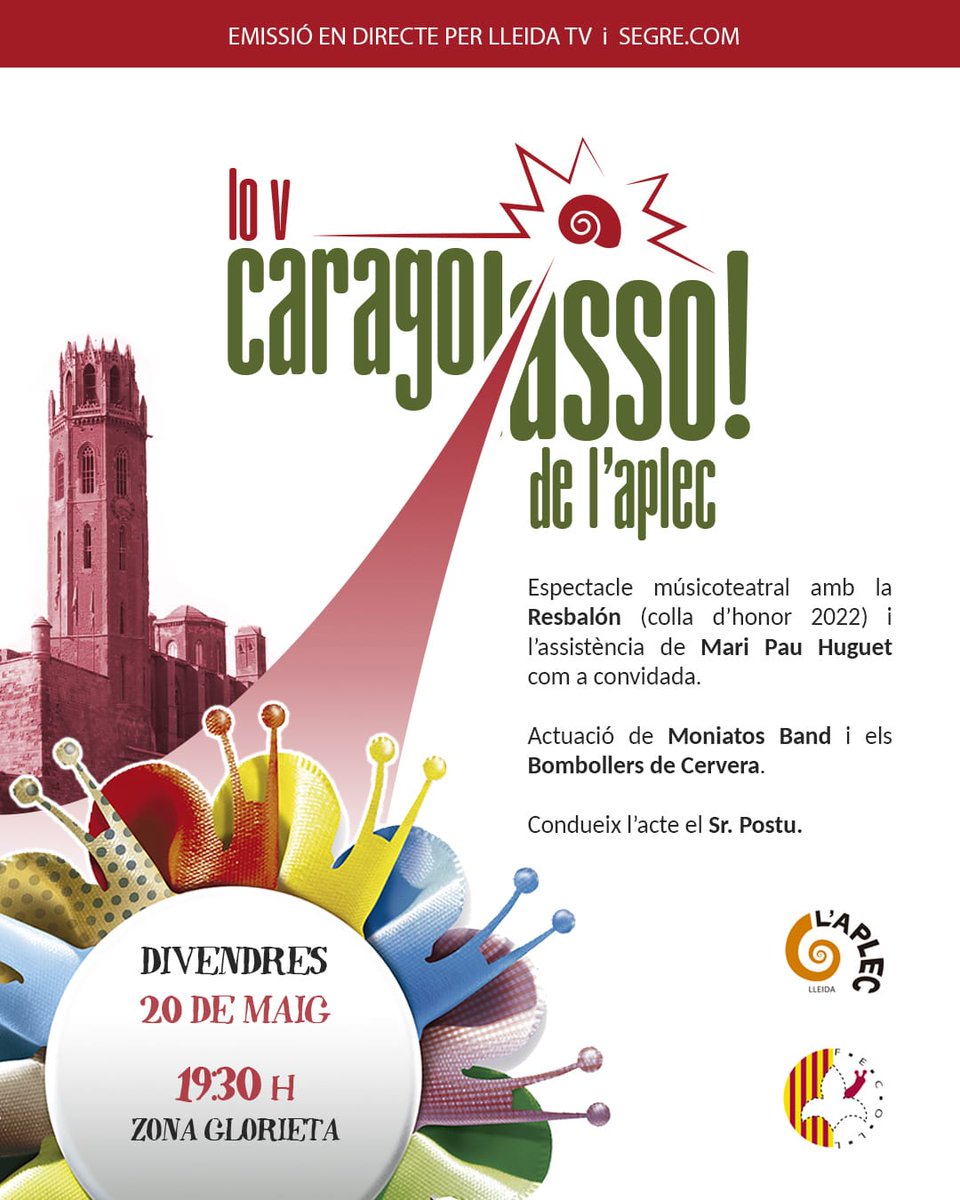 Per fi... dos anys després... LO V #CARAGOLASSO DE L'<a href="/AplecCaragol/">Aplec Caragol Lleida</a>!!! Divendres dia 20 a les 19:30 a la glorieta dels Camps Elisis, amb la Mari Pau Huguet de convidada, la <a href="/collaresbalon/">Resbalon</a> com colla d'honor, @moniatosband amb l'himne... US HI ESPEREM!!! 🐌❤️ #joanirealocaragolasso
