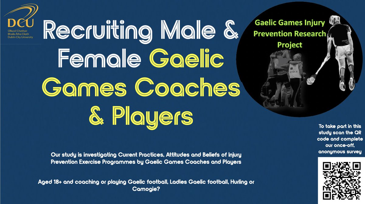 *Calling all male &amp; female Gaelic Games players &amp; coaches* Help us learn more about Injury Prevention in Gaelic Games &amp; your attitude, knowledge and current practices of injury prevention by filling in the survey below:
dcusciencehealth.qualtrics.com/jfe/form/SV_8q…
#GaelicGames #InjuryPrevention