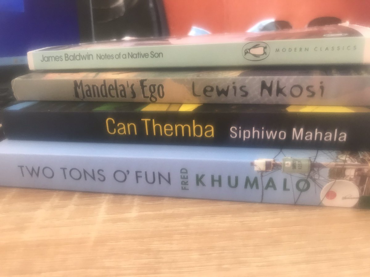 PollinatorZA's tweet photo. Well, I have accepted that I won’t be able to go to Franschoek. Instead I will have my own version of #FLF right here in Ormonde. I have @SiphiwoMahala’s Can Themba; @FredKhumalo’s Two Tons O’Fun; James Baldwin’s Notes of a Native Son and Lewis Nkosi’s Mandela’Ego. I’m covered https://t.co/RxwOFUd4fr