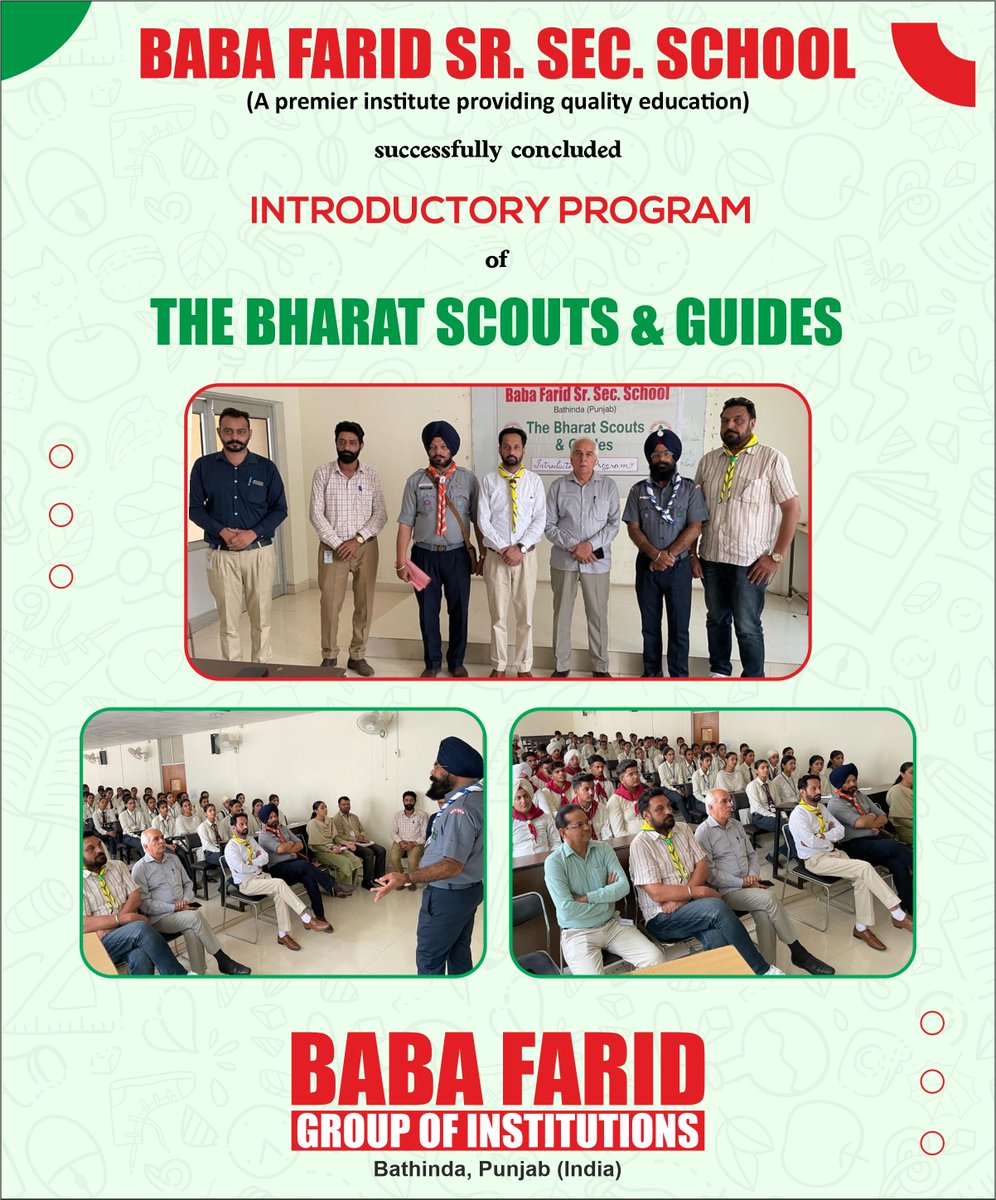 BabaFaridGroup's tweet photo. Baba Farid Sr. Sec. School organized an Introductory program of The Bharat Scouts & Guides. The Bharat Scouts and Guides is the national Scouting and Guiding association of India.
#BFGI #BFSSS #BSG #BharatScoutsGuides #Seminar #Workshop https://t.co/FnrXBNMNxi