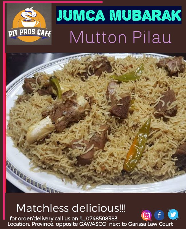 Jumca Mubarak to all our customers ...Today's special Friday meal pilau &amp; chicken bryani.....order through 0748508383
instagram.com/p/CdflIXvD9O2/…