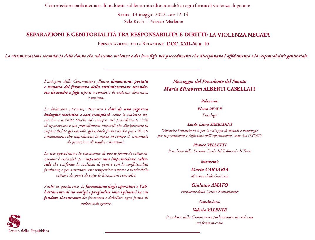 SenatoStampa's tweet photo. #VittimizzazioneSecondaria. La Commissione #Femminicidio presenta la Relazione su donne che subiscono violenza e loro figli nei procedimenti che disciplinano #Affidamento e #ResponsabilitàGenitoriale → https://t.co/aQsL5Xo4rb Diretta → https://t.co/j44Seenlpl https://t.co/EuuKjvZ1G2