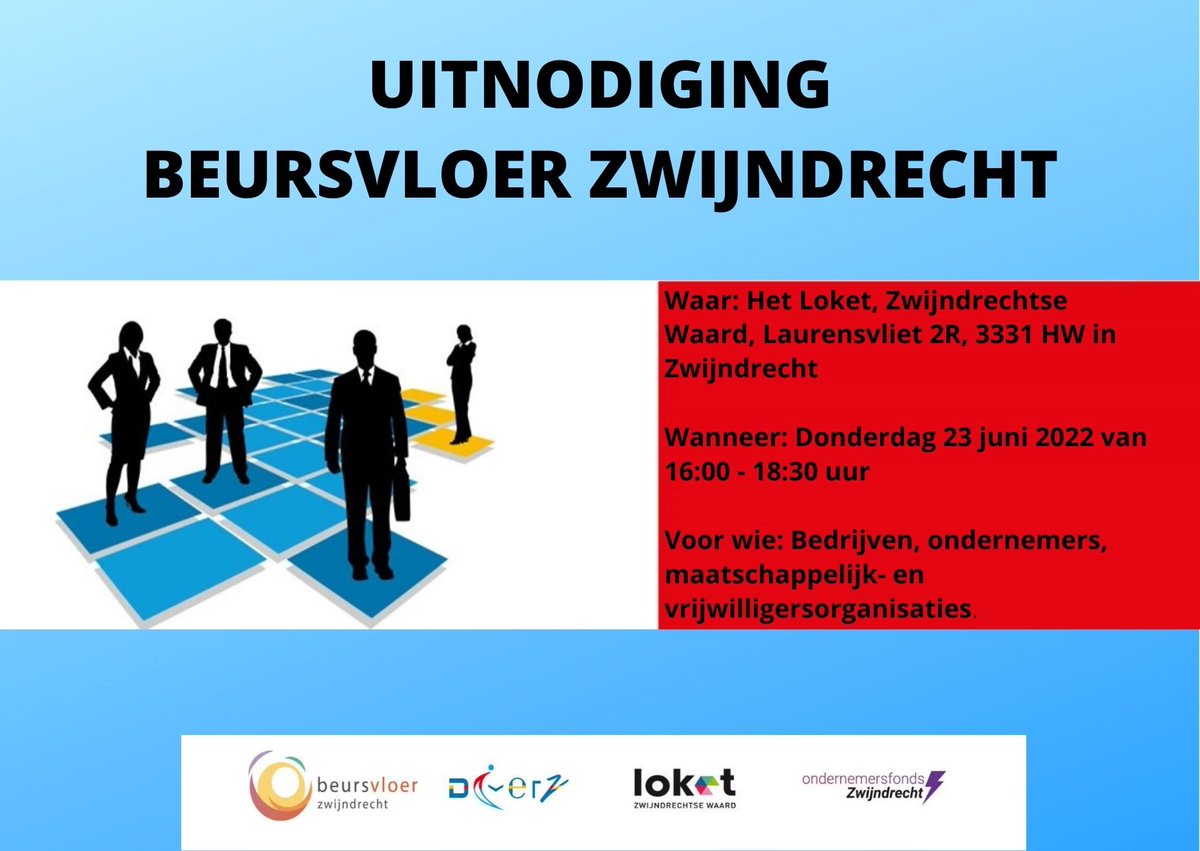 ZvElkaar's tweet photo. Op 23 juni a.s. organiseert Diverz de 4e editie van de Beursvloer Zwijndrecht. De Beursvloer  is het netwerkevenement waarbij verschillende werelden elkaar ontmoeten: bedrijven, ondernemers, maatschappelijke- en vrijwilligersorganisaties. Komt u ook?! https://t.co/B7PDJaXFaU https://t.co/TiLcqJ2qED