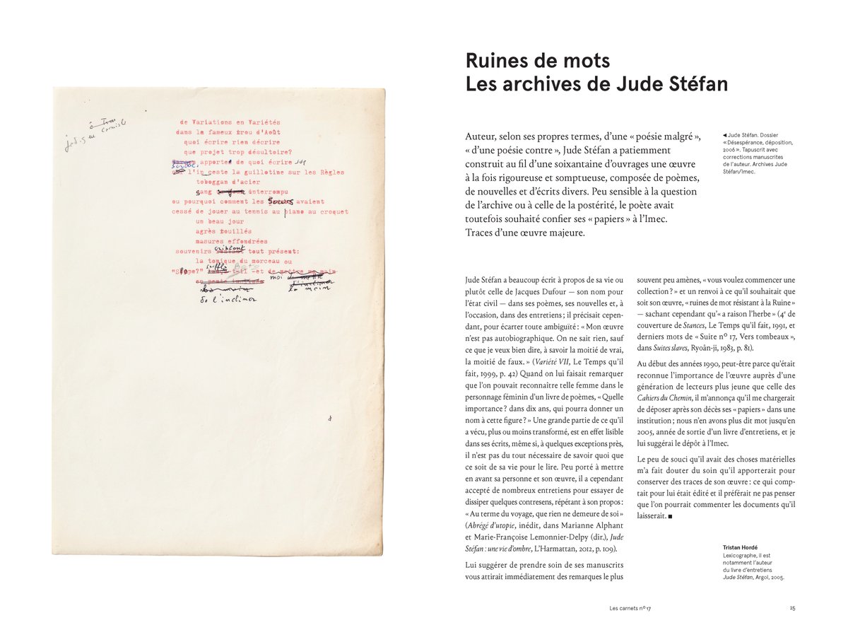 [JUDE STÉFAN]
Auteur, selon ses termes, d’une «poésie malgré», «d’une poésie contre», Jude Stéfan a patiemment construit une oeuvre majeure. Ses #archives ont rejoint la collection de l'Imec.
À lire dans les #Carnets de l'Imec :
imec-archives.com/matieres-premi… 
#recherche #imecarchives