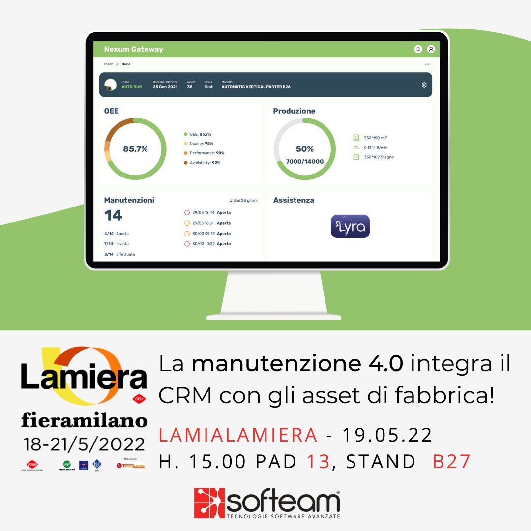 softeamlecco's tweet photo. Hai mai pensato di connettere il #CRM con le macchine sul campo?
Da oggi tutto questo è realtà grazie a Nexum Gateway!
La manutenzione non è mai stata così semplice per i produttori di #macchineutensili!

Segui l'evento di presentazione a @lamiera2022! https://t.co/oN3Eawll43