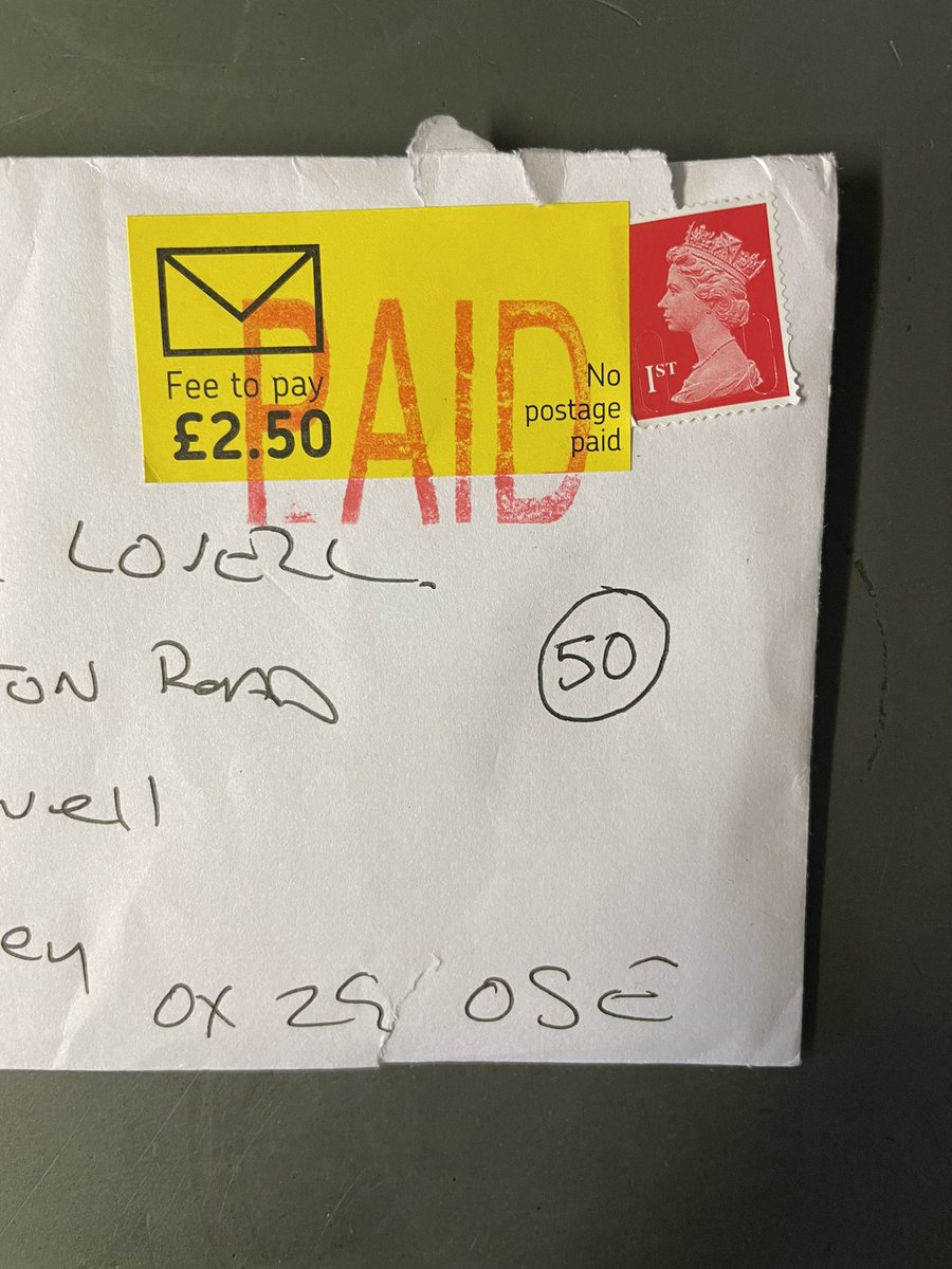 Good morning <a href="/RoyalMail/">Royal Mail</a>  - can I just ask why I had to pay £2.50 for this to be delivered as the sender under paid? Surely a first class stamp was sufficient? It was only an invoice on A4 paper inside!