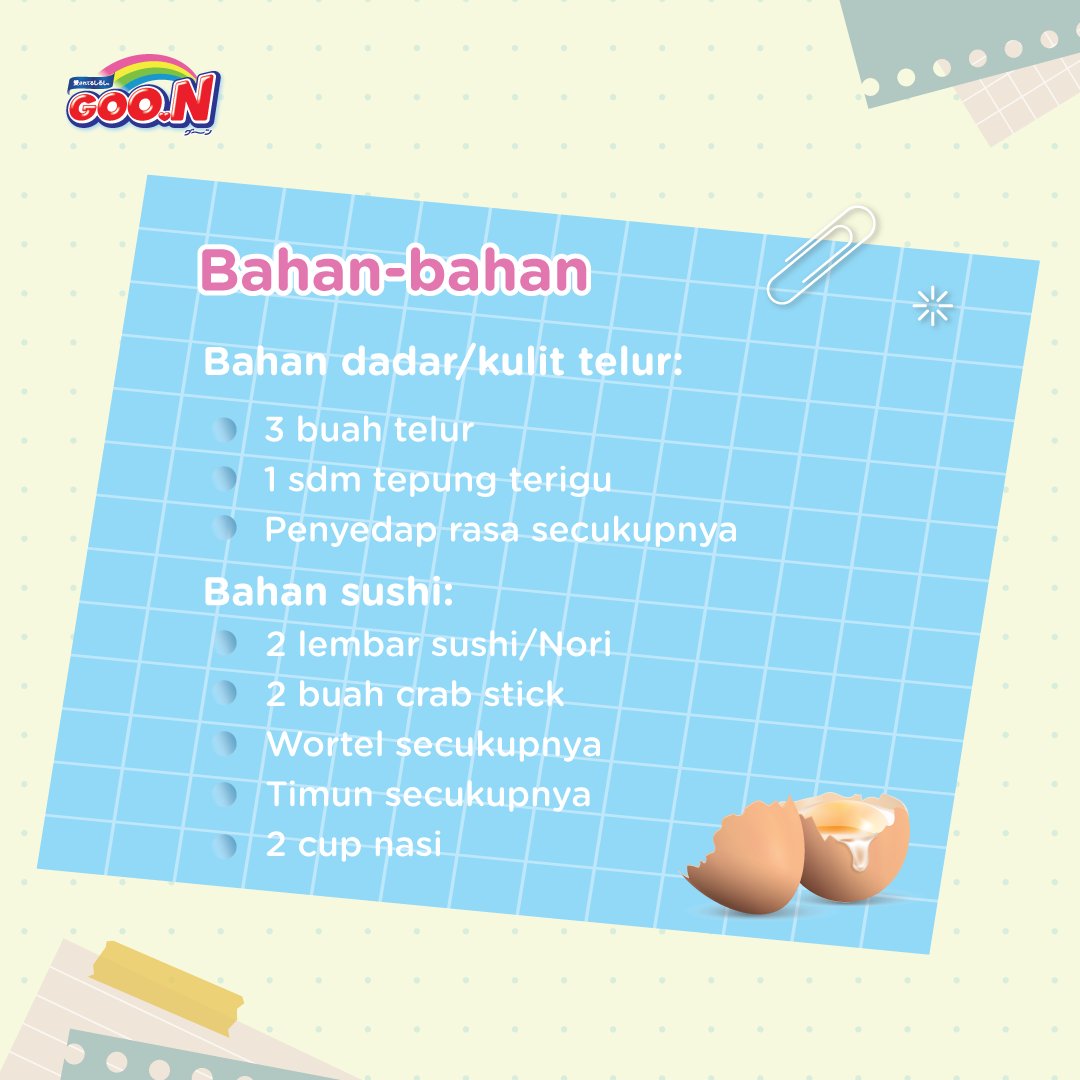 GOON_Indonesia's tweet photo. Sudah ada ide belum ni untuk weekend nanti, Ma? Kira-kira mau bikin makanan apa ya untuk si Kecil?
Yuk ma, coba bikin egg sushi roll. Dijamin si Kecil pasti suka dan cara pembuatannya mudah loh!!
Simak yuk ma, pada gambar di bawah! 😊
#GoonIndonesia #GoonDiaper #diapersgoon https://t.co/zoZzw74veO
