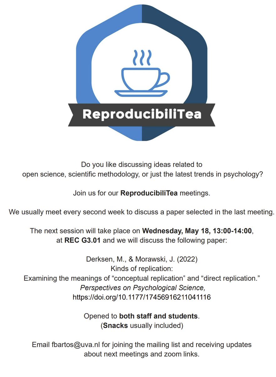 UvARepTea's tweet photo. Another #ReproducibiliTea meeting coming up next week at #UvA on Wednesday 18th of May! https://t.co/nx6Gj07qZw