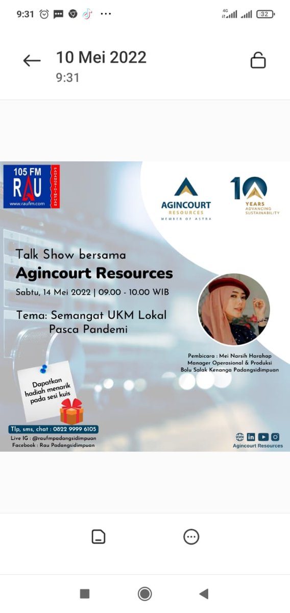 Assalamu'alaikum Rekan RAU. 

Watching and Listening Talkshow PT. Agincourt Resources bersama RAU 105 FM Padangsidimpuan. 

Pada Hari : Sabtu, 14 Mei 2022
Pukul : 09.00 - 10.00 WIB

Life IG dan Facebook. Stay di 105 RAU FM Padangsidimpuan ✨

Postby : NF