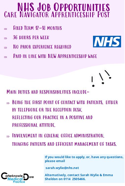 Carterknowle_mc's tweet photo. Can you think on your feet and respond in a fast paced environment? 

Do you want a fulfilling career within the NHS? 

If you answered yes, we may have a vacancy for you 👇 

Apprentice Medical Receptionist &amp; Care Navigator 

@Apprenticeships @FireItUp_Apps #apprenticeships https://t.co/VAnYbYBZES