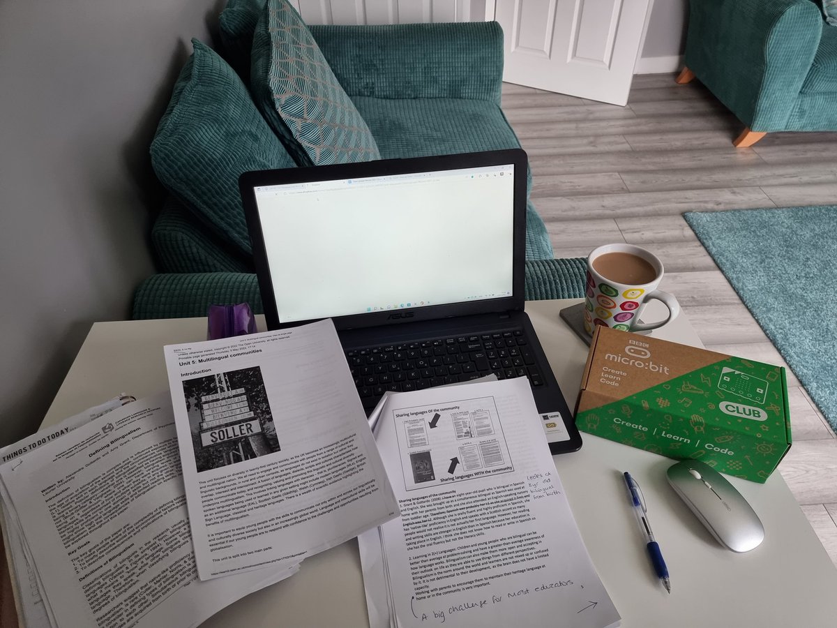 MissScps's tweet photo. Productive morning so far: Professional reading in preparation for delivering the Unit 5:multilingual communities topic for #OU_SCILT tomorrow and a wee training session on #microbitscot which I'll share with classes @Clovenstone over the next few weeks. @CEC1plus2 @DigitalCEC https://t.co/ZQzfrIVokV