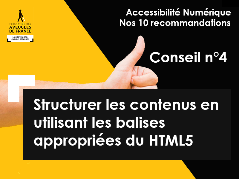 Aveugles_France's tweet photo. 📍Premier pas vers l'#accessibilité #numérique
Conseil n°4 des @Aveugles_France  : 
#structurer les #contenus en utilisant les #balises appropriées du HTML5
👉https://t.co/hlIf95Yki6
#a11y #autonomie #accessibilité https://t.co/GjIYBziLiE