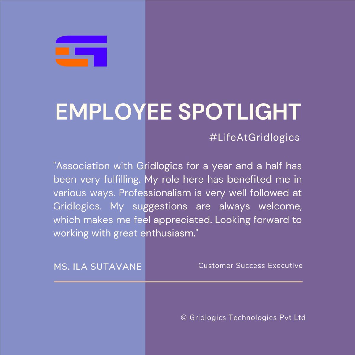 gridlogics's tweet photo. Ms. Ila Sutavane, Customer Success Executive talks about #LifeAtGridlogics
A great place to work! Gridlogics | Passion & Experience in the field of innovation & IP solutions. https://t.co/DRwiV48cMk